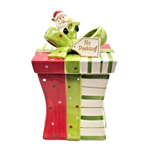 Cracker Barrel Christmas Santa Gift Box Cookie Jar "No Peeking" Mingle & Jingle
